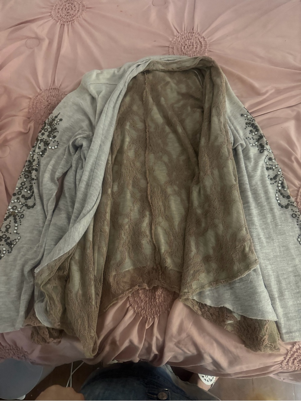Miss Me Taupe Lace-Back Open Front Cardigan with Embellished Sleeves - Picture 2 of 3